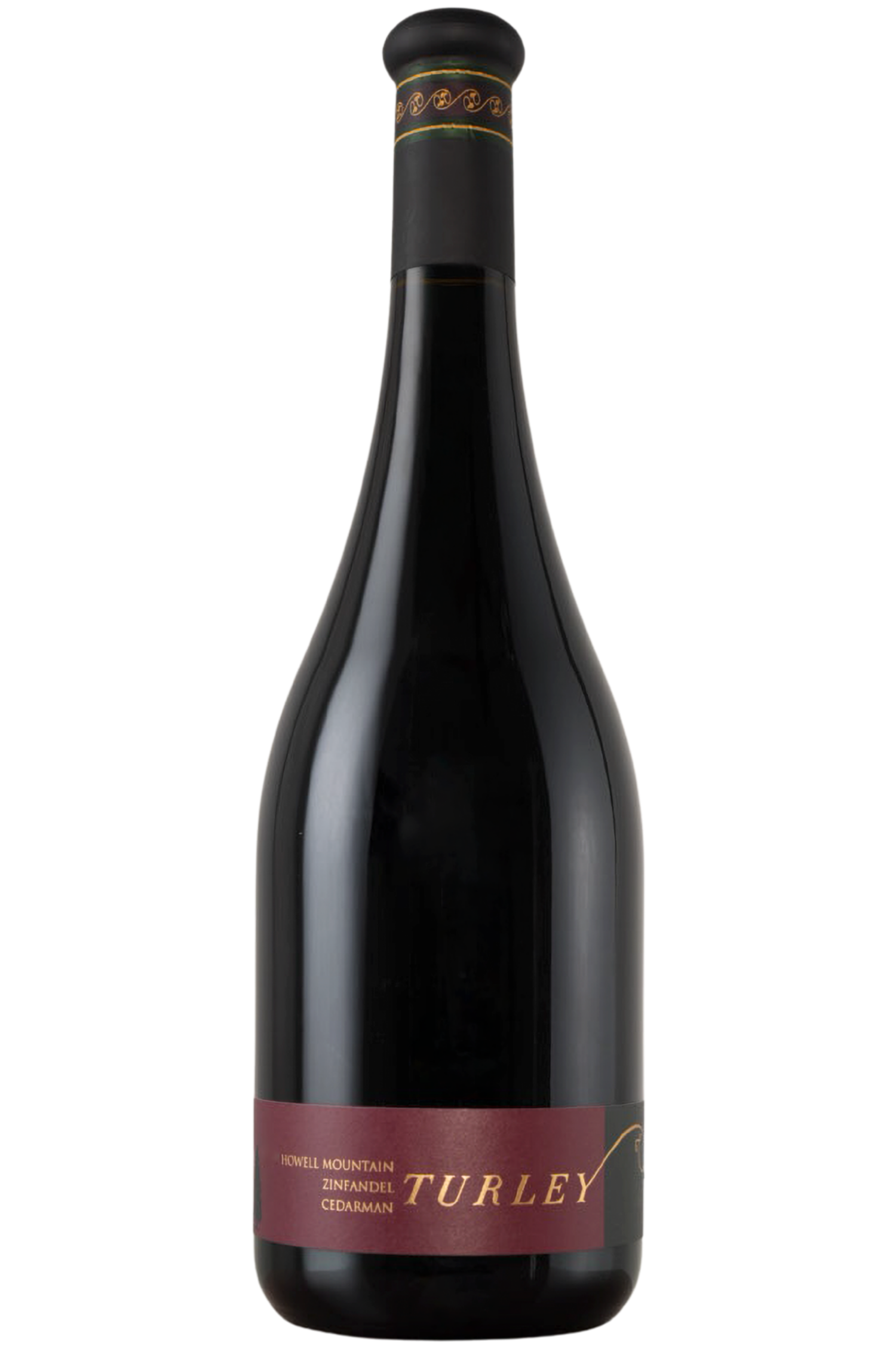 A dark glass bottle of 2006 Cedarman Zinfandel Howell Mountain wine with a maroon and gold label stands against a white background, showcasing this distinguished Howell Mountain Zinfandel blend.