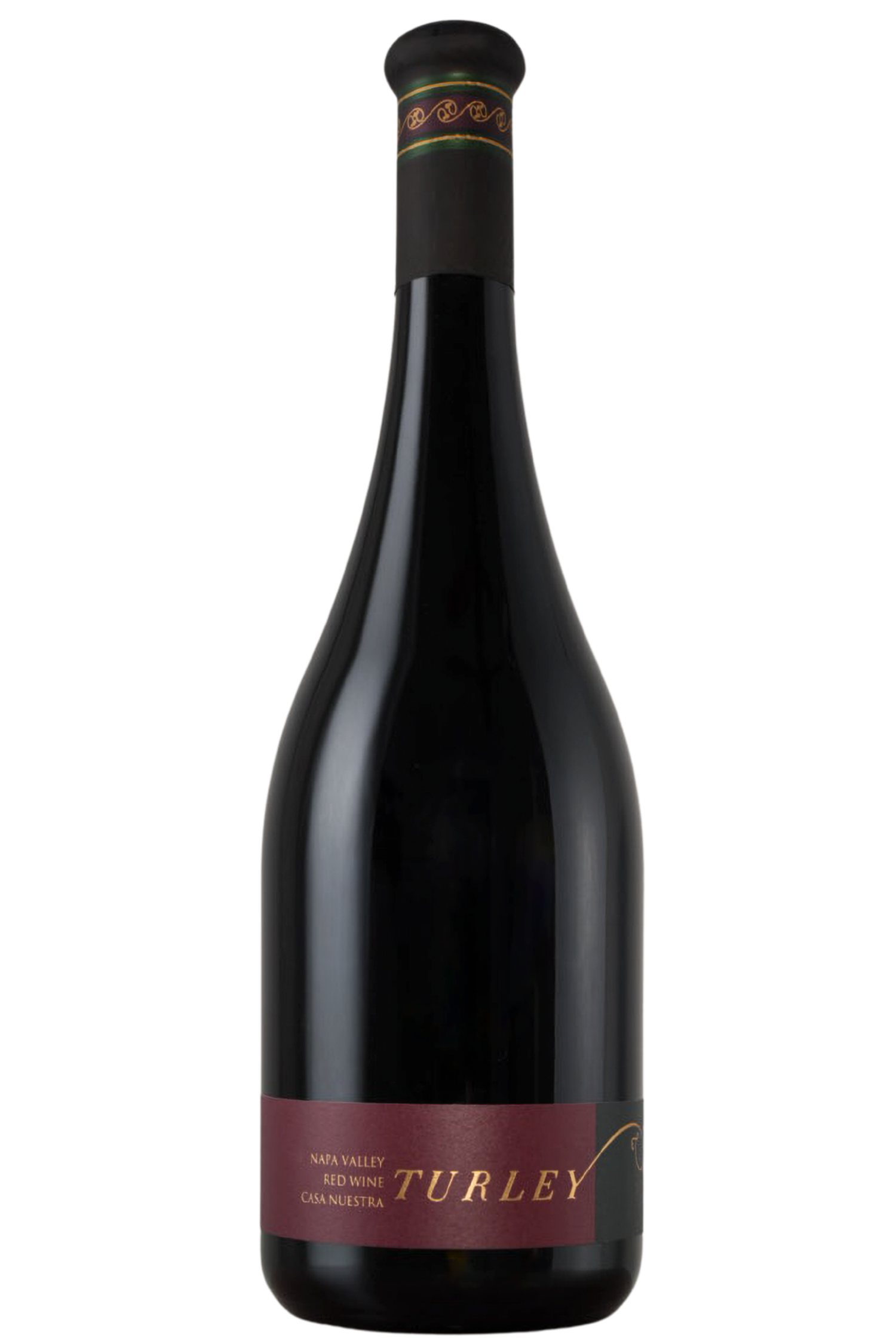A bottle of Turley Casa Nuestra Red Wine from Napa Valley, featuring a dark glass bottle with a burgundy label and gold lettering, set against a plain white background.