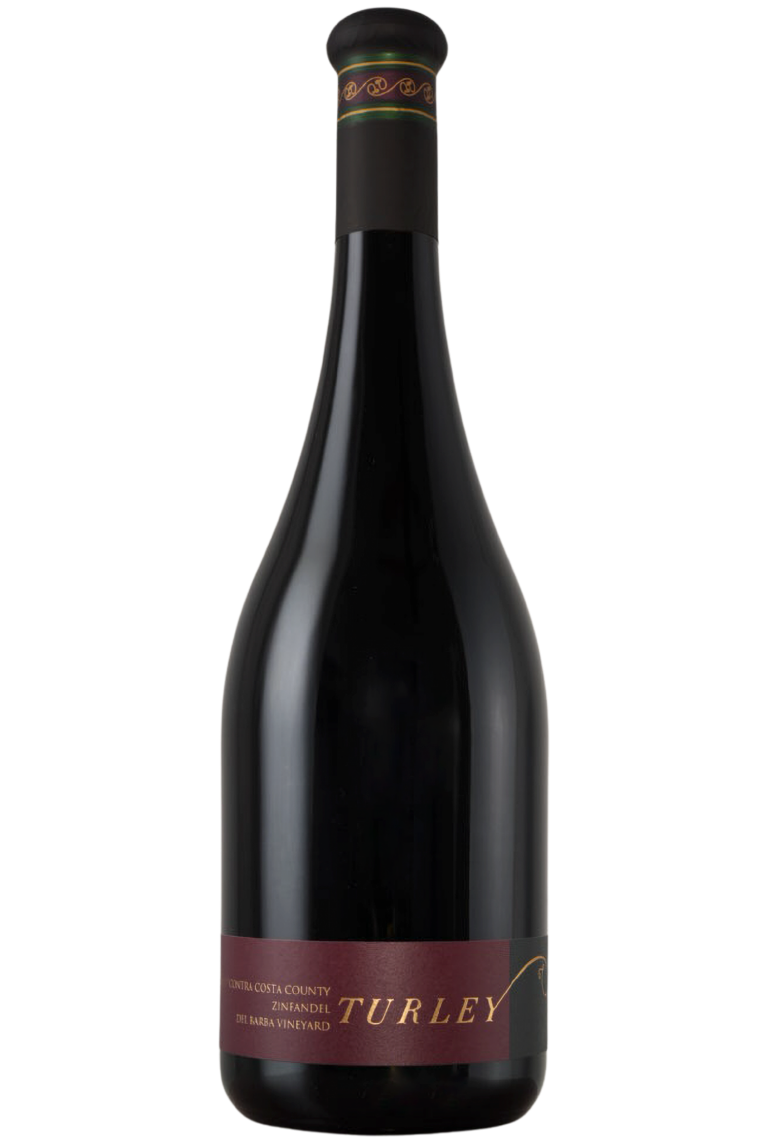 A dark glass wine bottle with a maroon and gold label that reads Turley. The bottle features a black foil-covered neck and a maroon band with gold detailing near the top, emphasizing its single-vineyard origin— Del Barba Zinfandel from Contra Costa County, crafted from the celebrated Del Barba Vineyard.