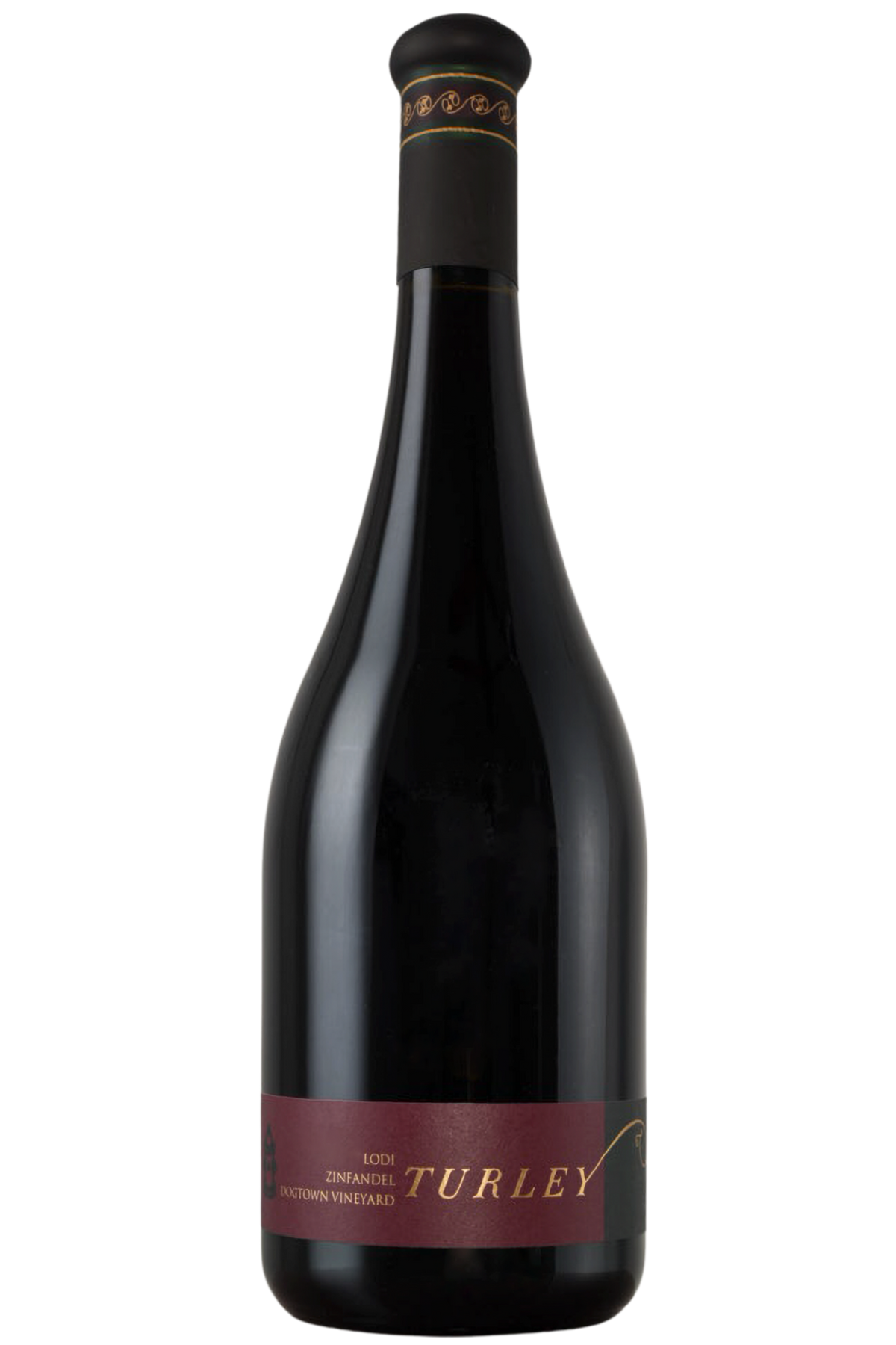 A dark wine bottle featuring a maroon label that reads "Turley," with text indicating it's the 2024 Dogtown Vineyard Zinfandel from Lodi, crafted from select grapes that capture the depth of this renowned vineyard. The bottle is finished with a black capsule over the cork.
