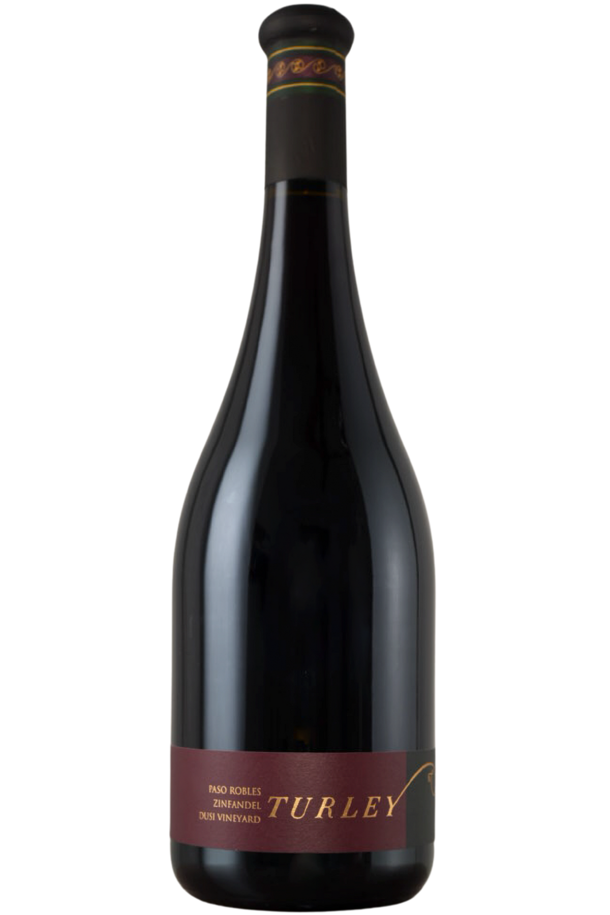 A dark glass wine bottle with a maroon and gold label reading 2008 Dusi Vineyard Zinfandel Paso Robles against a light background.