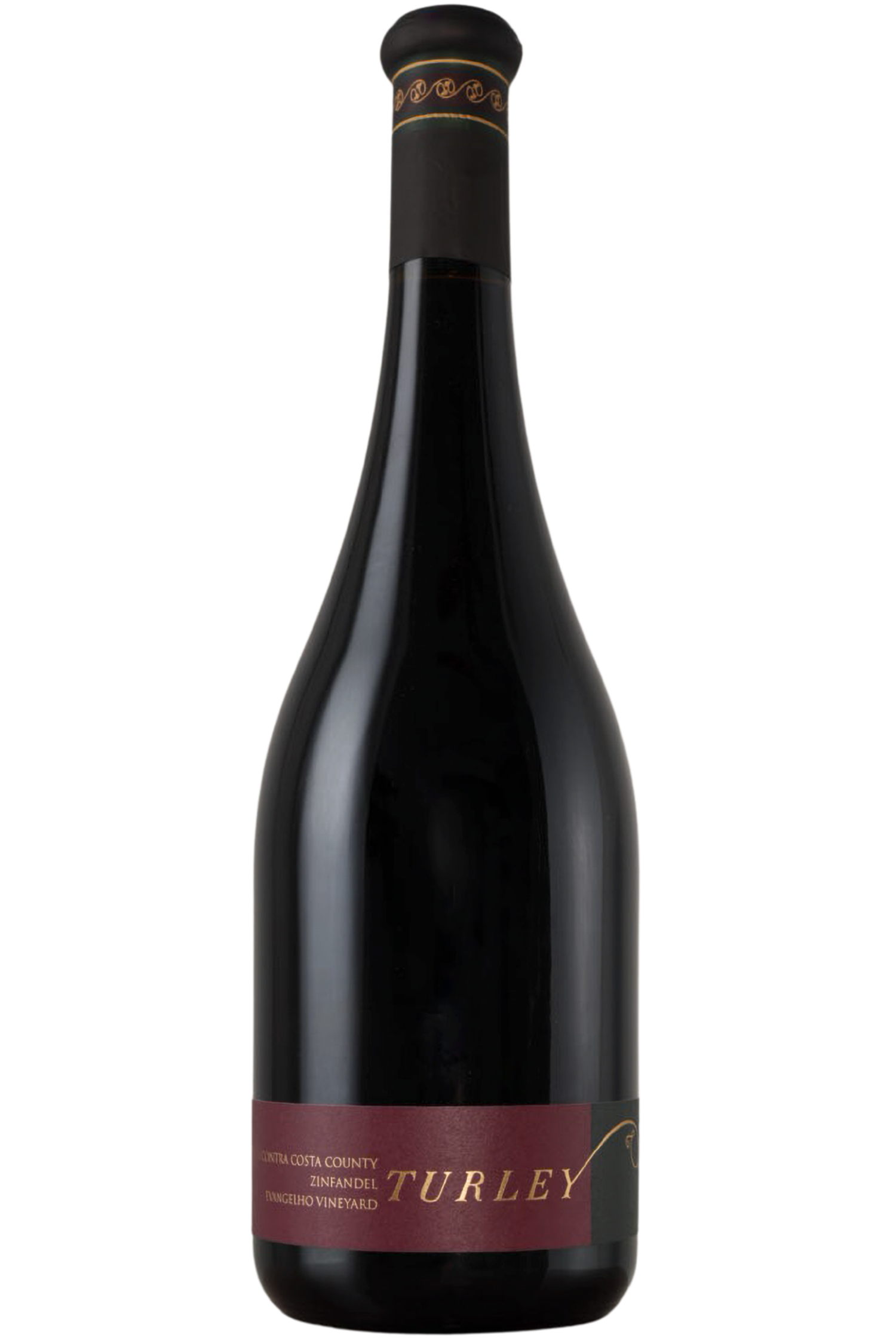 A dark glass bottle of Evangelho Vineyard Zinfandel Contra Costa County wine with a deep red and gold label and a black foil capsule, photographed against a white background.