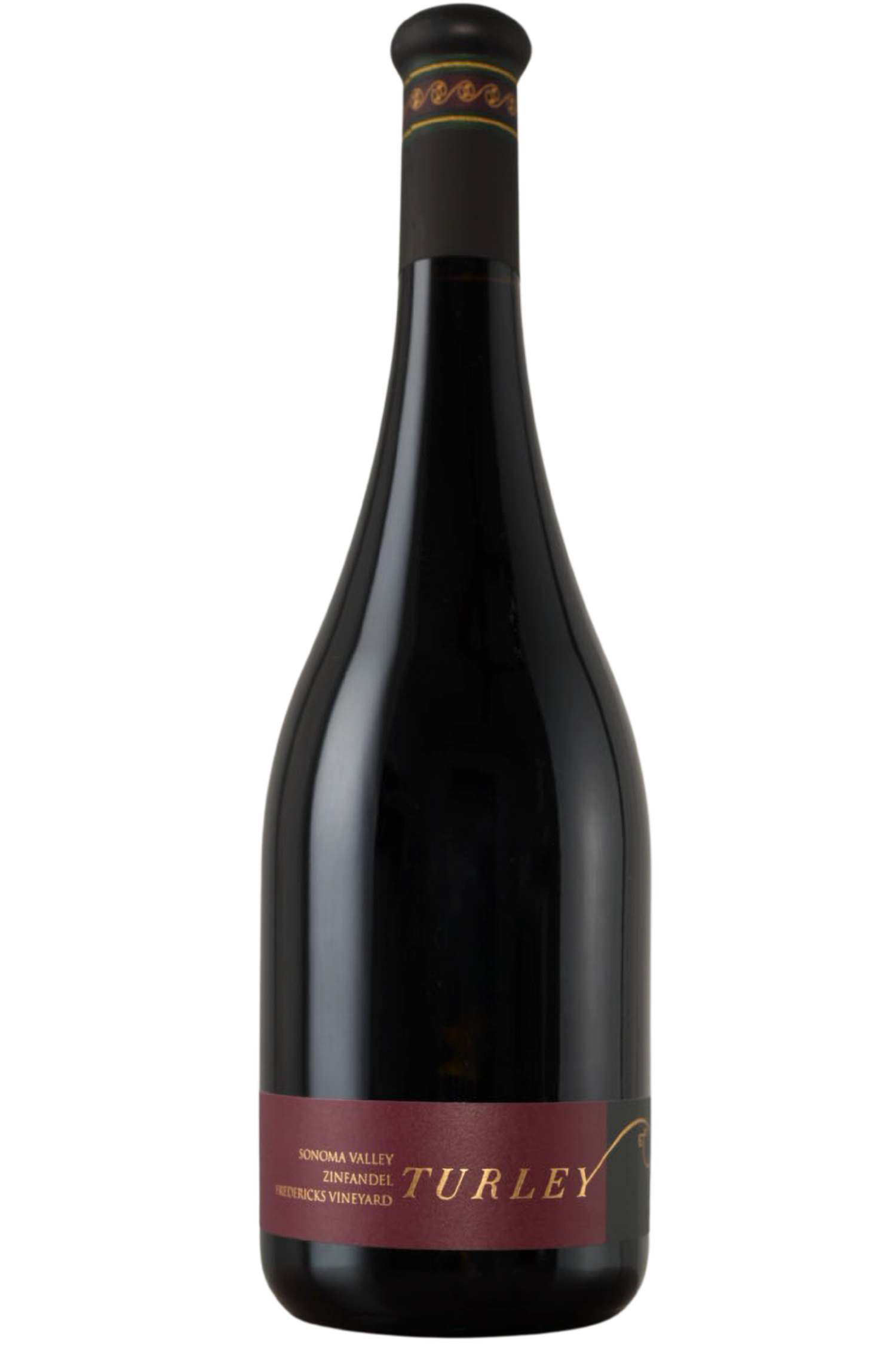 A bottle of Turley red wine with a dark glass body, black neck foil, and a burgundy label with gold lettering, isolated on a white background.
