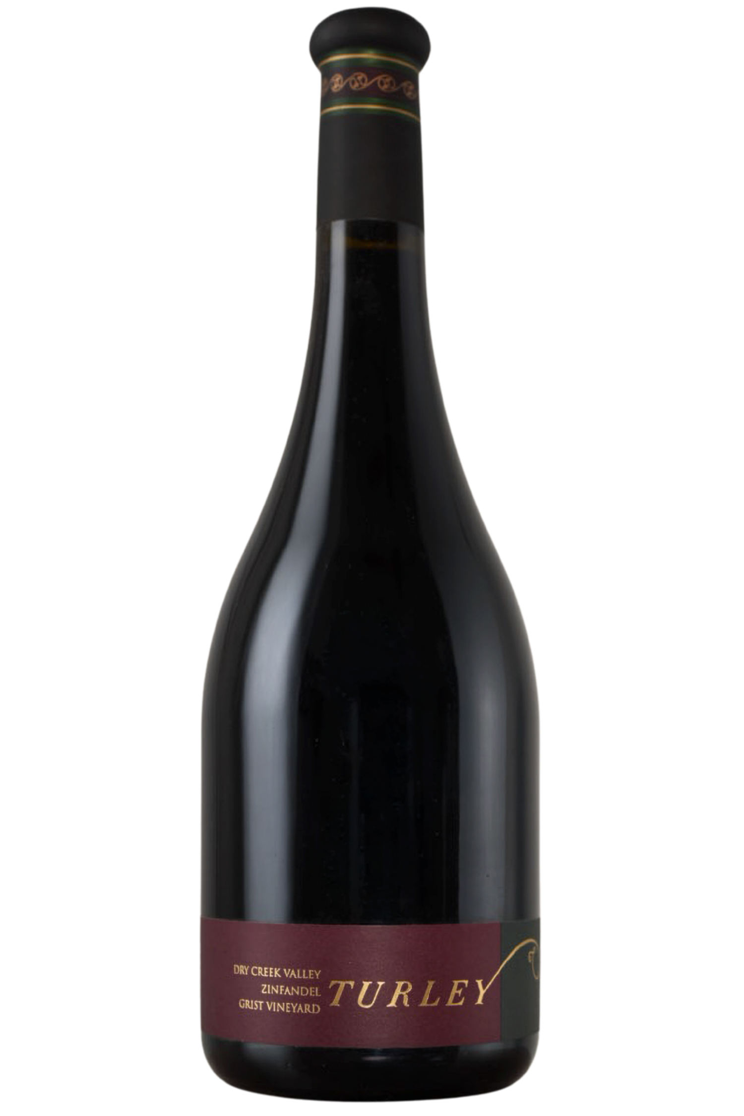 A dark glass wine bottle with a maroon and gold label that reads Grist Vineyard Zinfandel Dry Creek Valley against a plain white background.