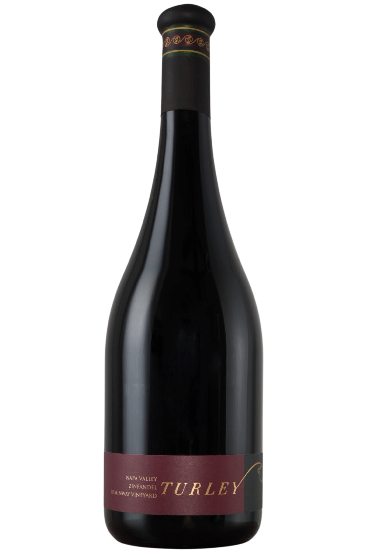 A dark glass wine bottle with a maroon label reading Napa Valley Zinfandel, Heminway Vineyard, Turley, and a black and gold foil-wrapped neck, set against a plain white background.