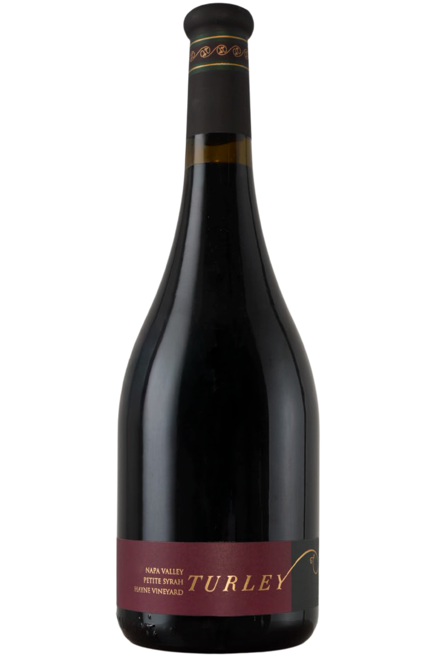 A dark wine bottle with a maroon label reading "2012 Hayne Vineyard Petite Syrah Napa Valley," crafted from old vines, and "Turley" in gold letters, set against a plain white background.