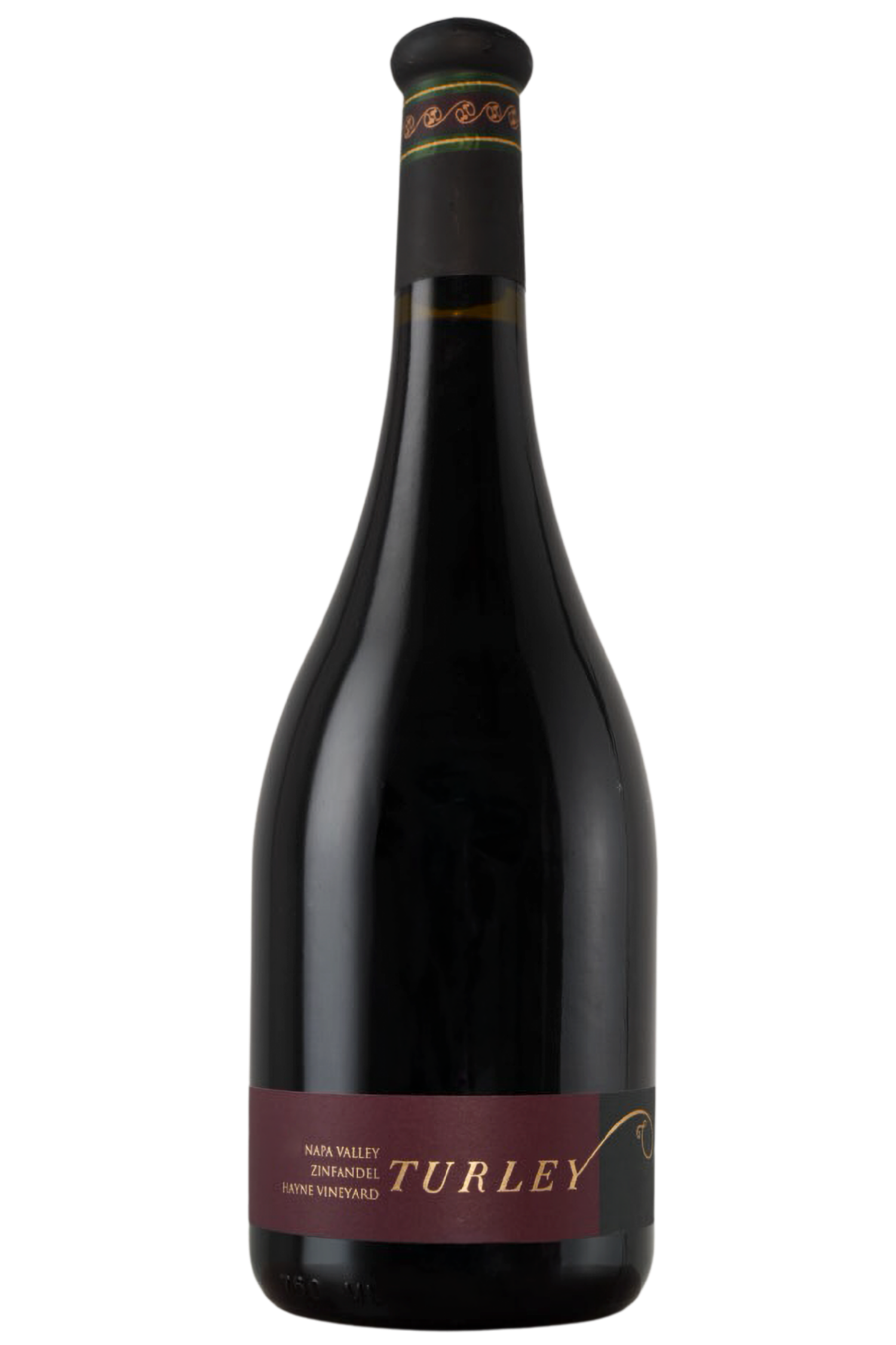 A dark glass wine bottle with a maroon label reading Turley and 2000 Hayne Vineyard Zinfandel Napa Valley. The black foil-wrapped neck has a gold pattern, highlighting its historic vineyard origins.