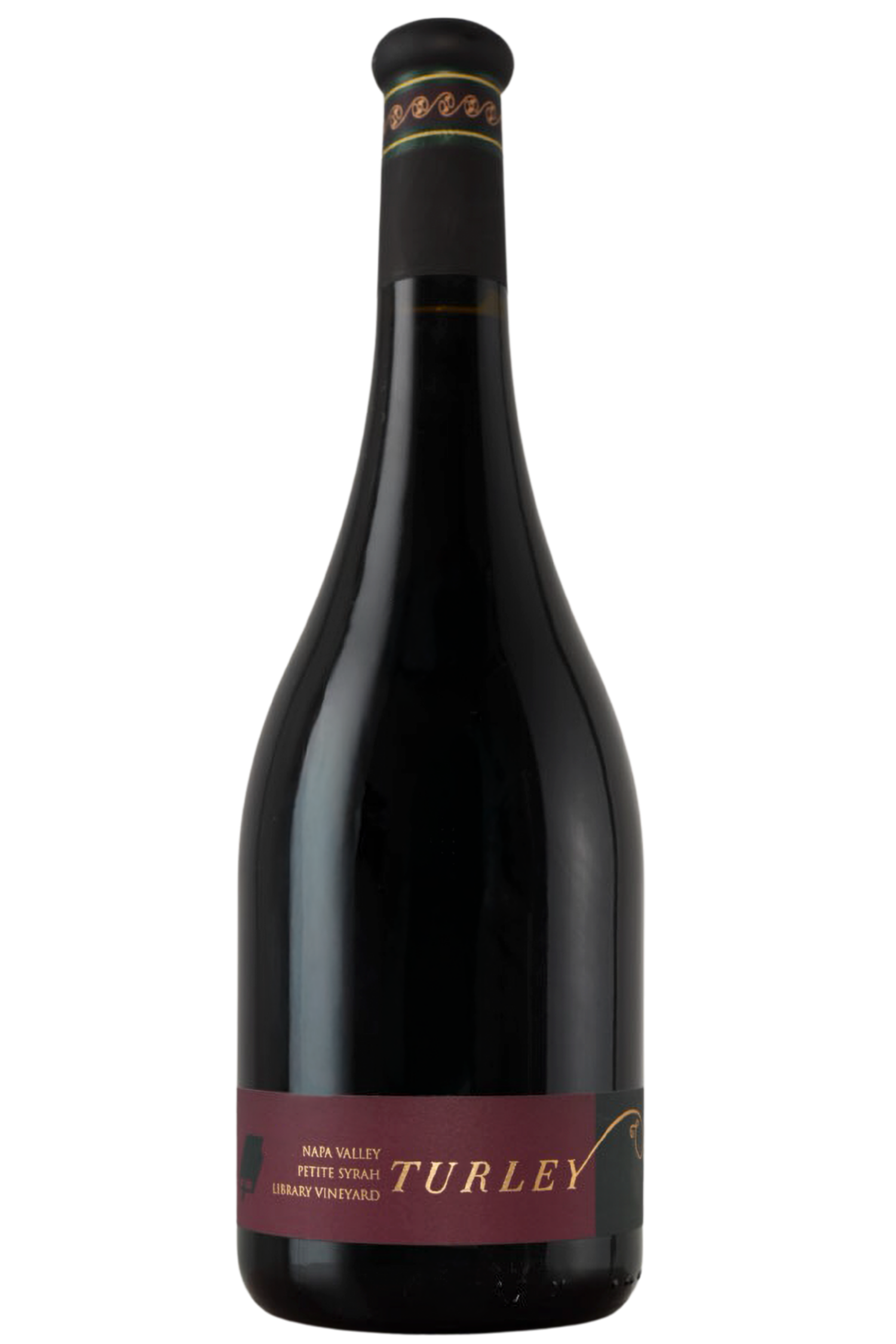 A dark glass wine bottle featuring a maroon and gold label that reads "Turley" and "2023 Library Vineyard Petite Syrah Napa Valley," displayed against a plain white background.
