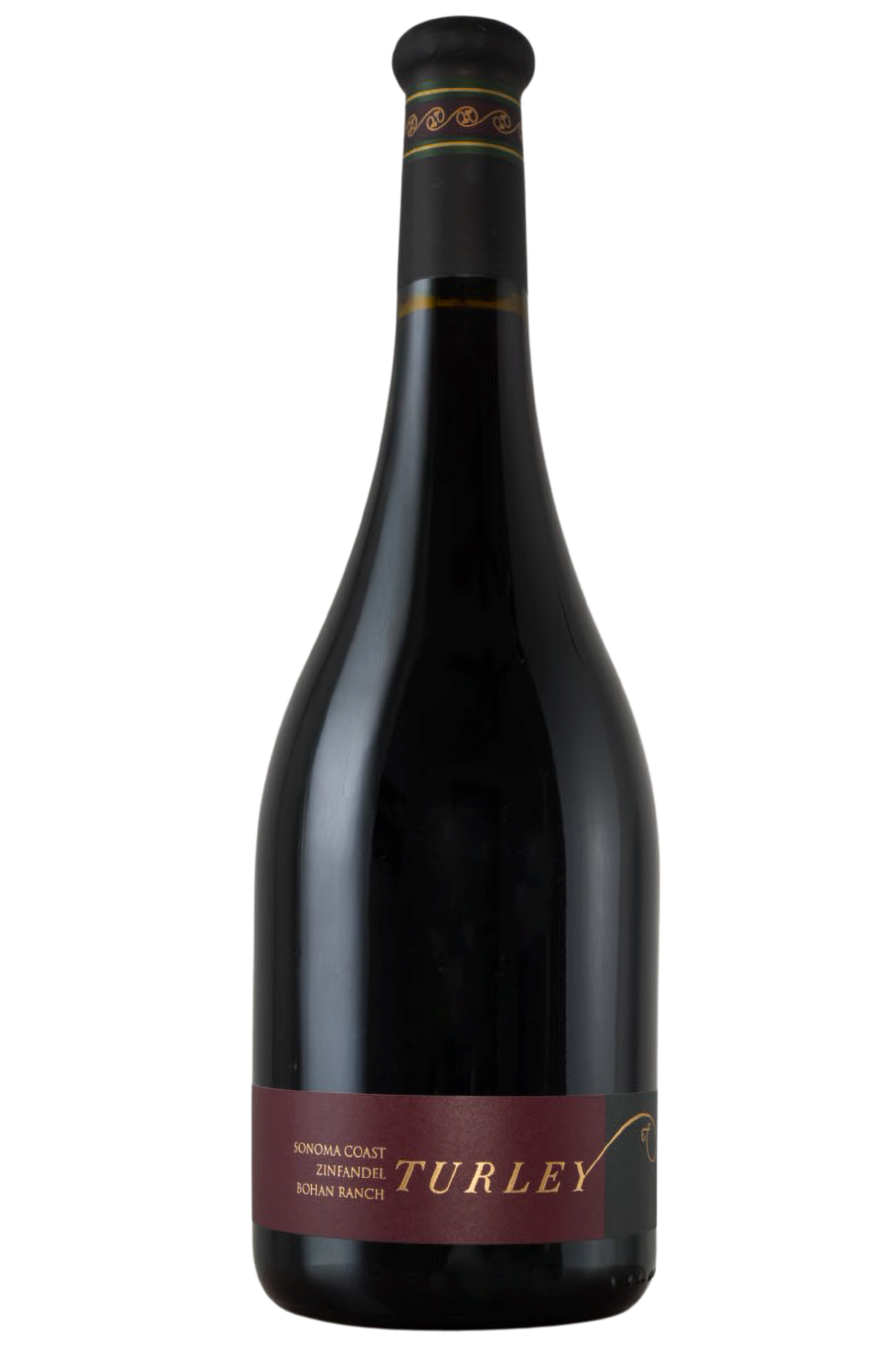 A bottle of Turley wine with a dark glass body, gold and maroon label, and a black foil top. The label reads 2017 Bohan Ranch Zinfandel, Sonoma Coast, Turley.
