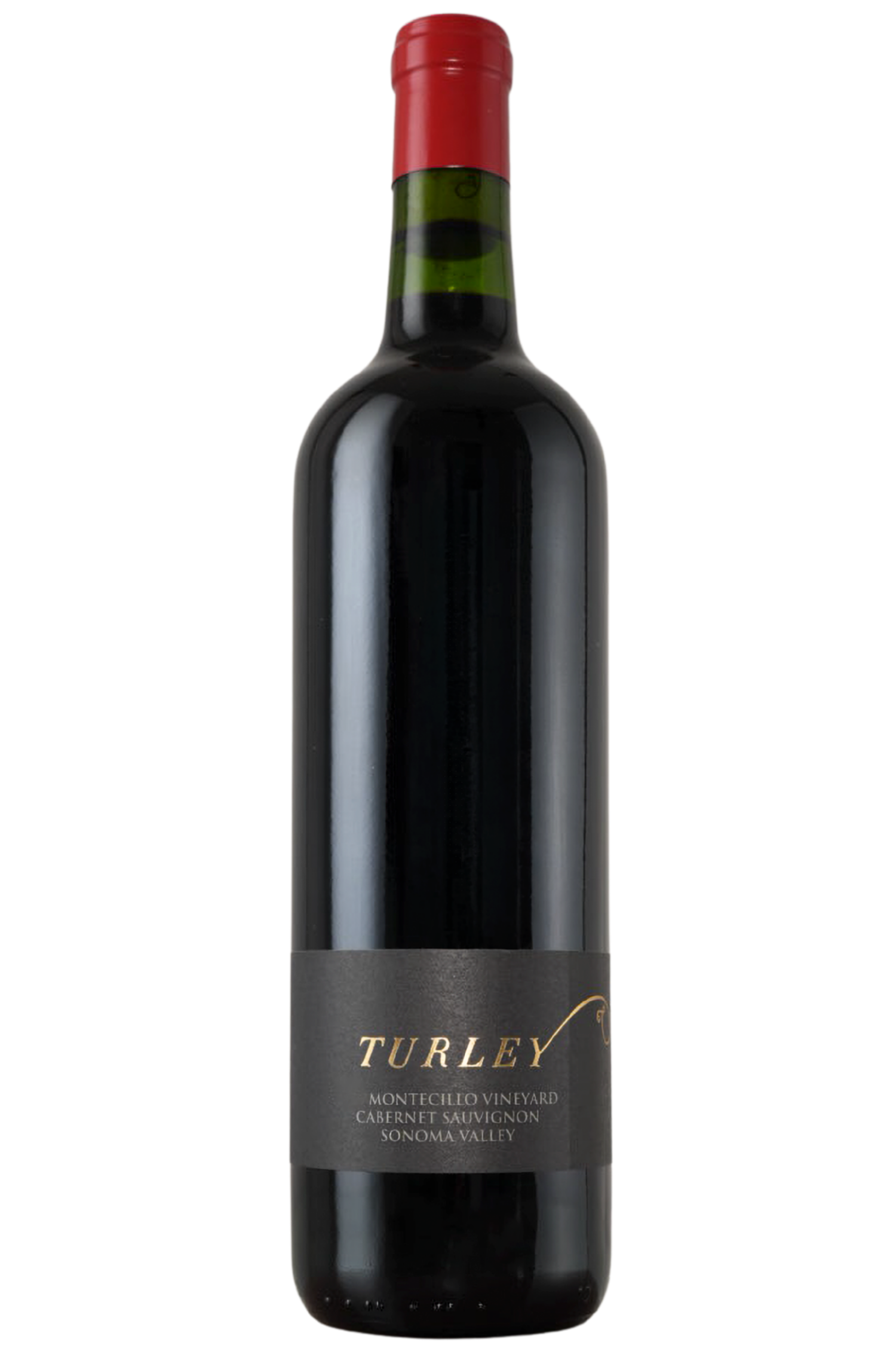 A bottle of 2015 Montecillo Vineyard Cabernet Sauvignon Sonoma Valley with a red foil top and a dark gray label reading Turley.