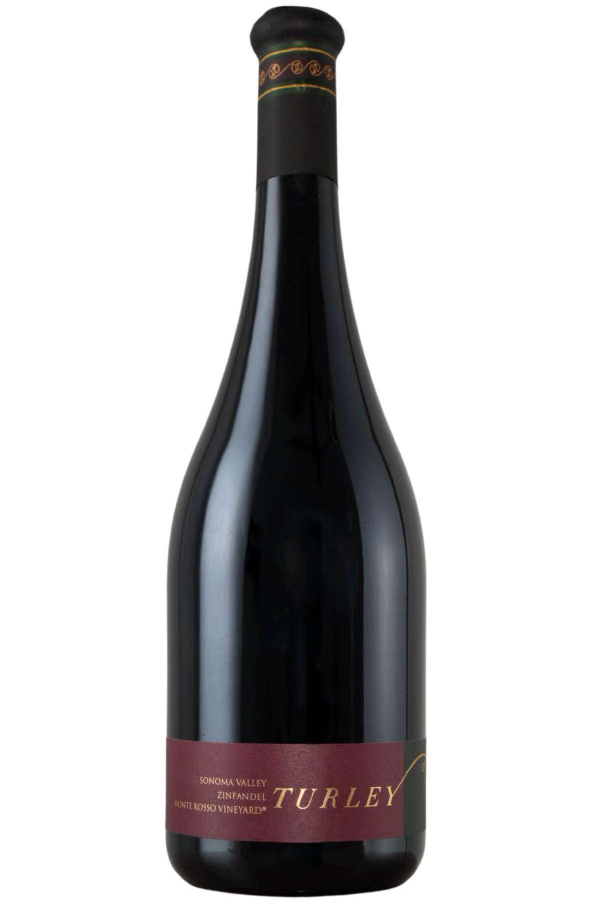 A dark glass wine bottle with a maroon label reading Turley and 2020 Monte Rosso Vineyard Zinfandel Sonoma Valley, featuring a dark cap with gold detailing, set against a plain light background.
