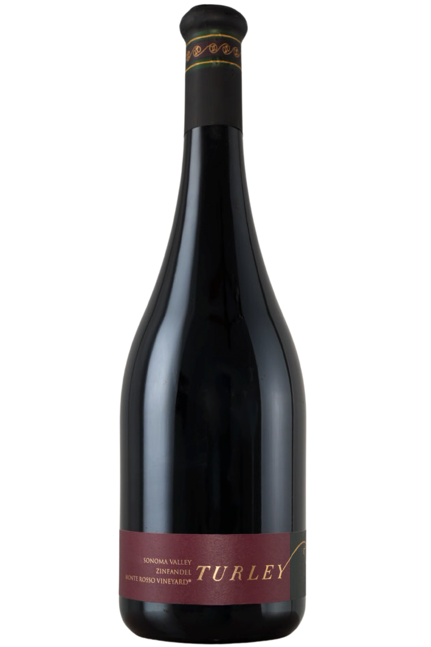A bottle of Turley wine featuring a dark glass body, black foil on the neck, and a maroon label displaying "2024 Monte Rosso Vineyard Zinfandel Sonoma Valley" with "Turley" in gold text.