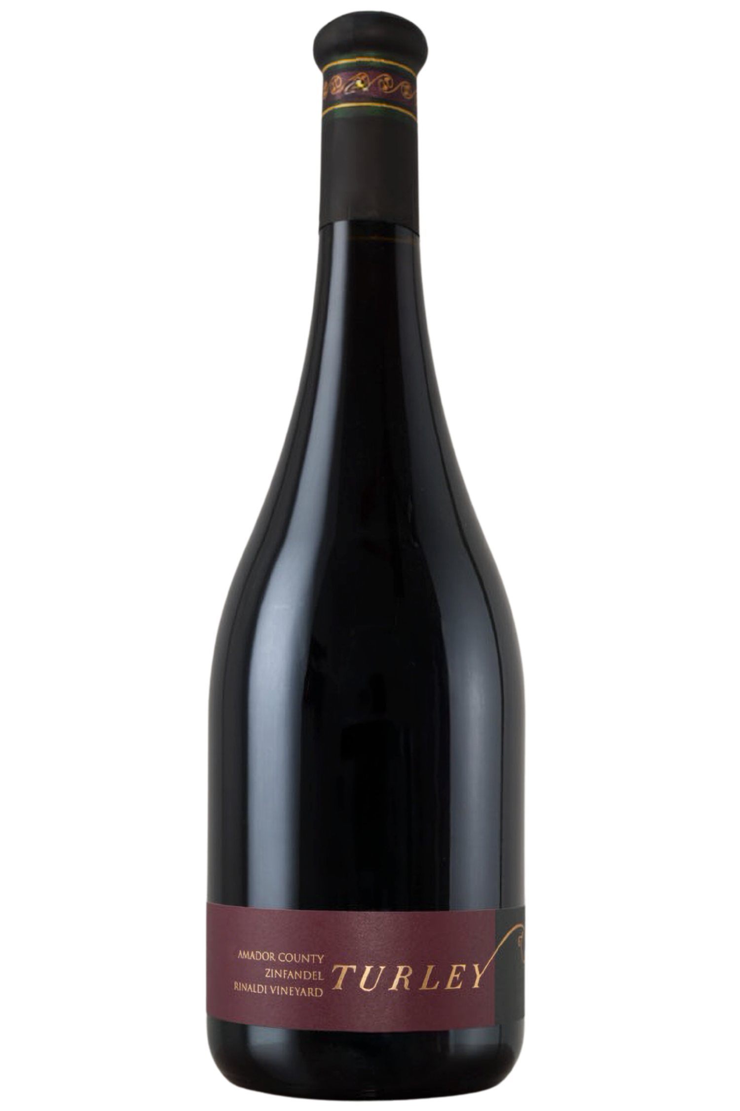 A dark glass wine bottle labeled “2022 Rinaldi Vineyard Zinfandel” from Turley, featuring a maroon label and a black foil top, displayed against a plain white background.