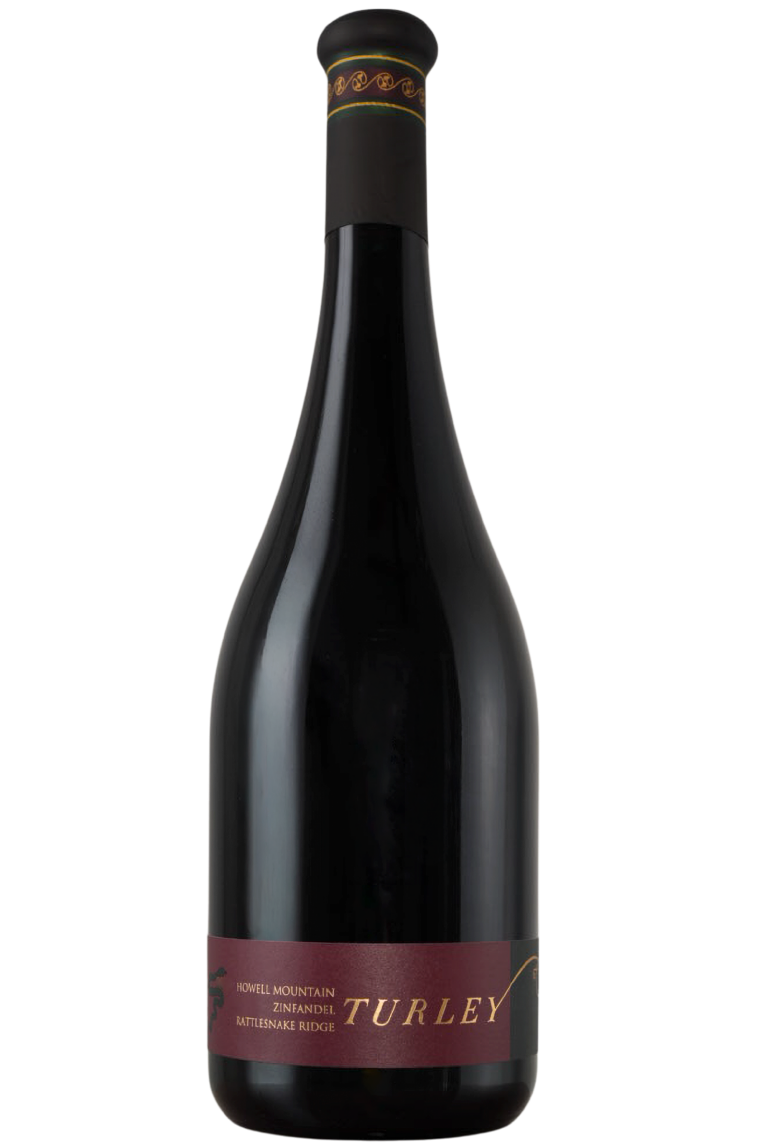 A bottle of Turley Winery Zinfandel from Rattlesnake Ridge, featuring a dark glass bottle with a black neck wrap and a burgundy label with gold lettering, set against a plain white background.