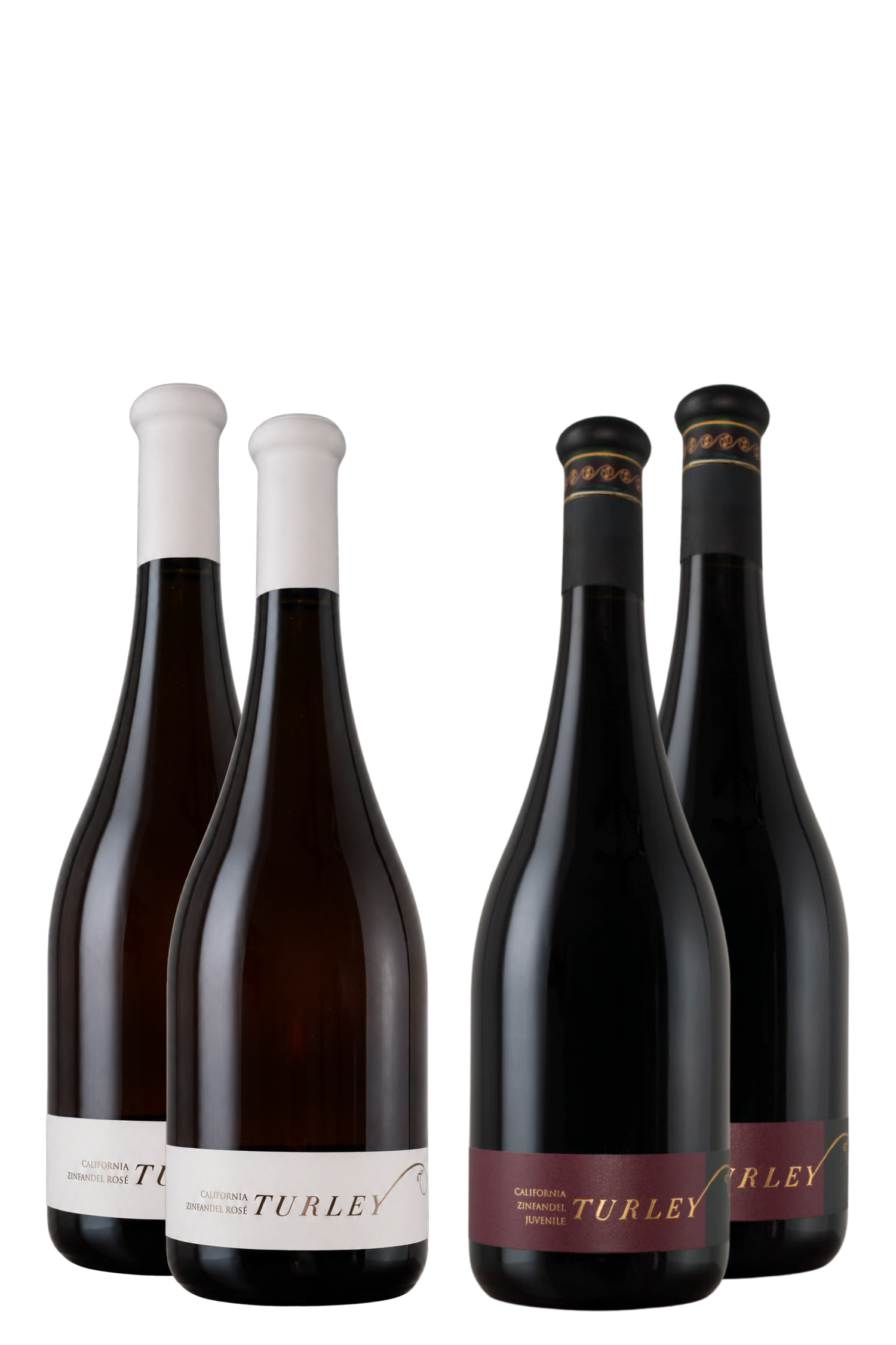 Four wine bottles from The Cookout Collection stand upright on a white background: the two left bottles have white labels and caps, while the two right ones display dark labels—showcasing a selection including organically farmed Juvenile Zinfandel.
