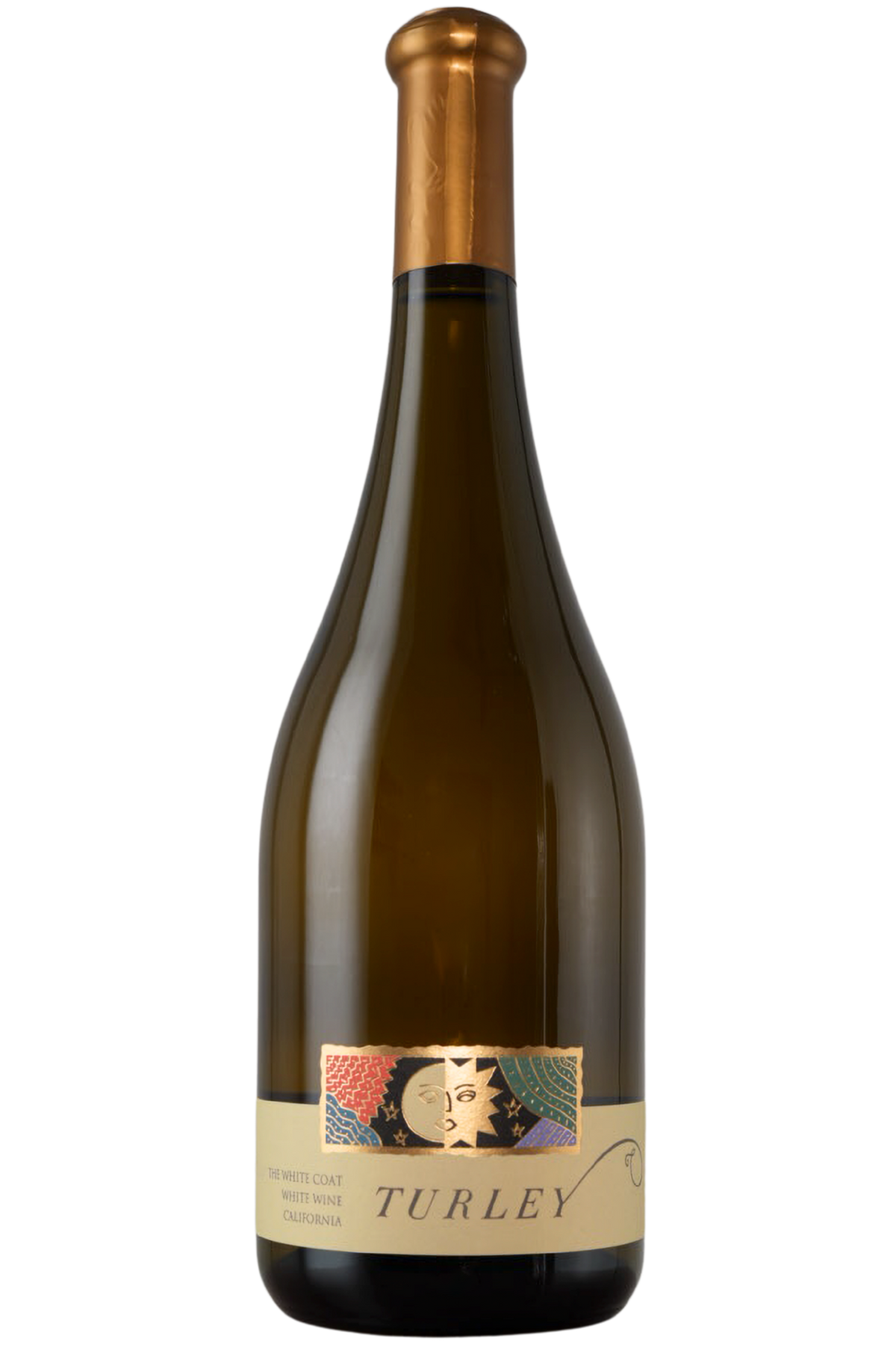 A bottle of 2024 The White Coat White Wine, distinguished by its gold foil top and vibrant label featuring an illustrated face and the text "The White Coat White Wine California"—an expressive California white wine crafted from estate vineyards.