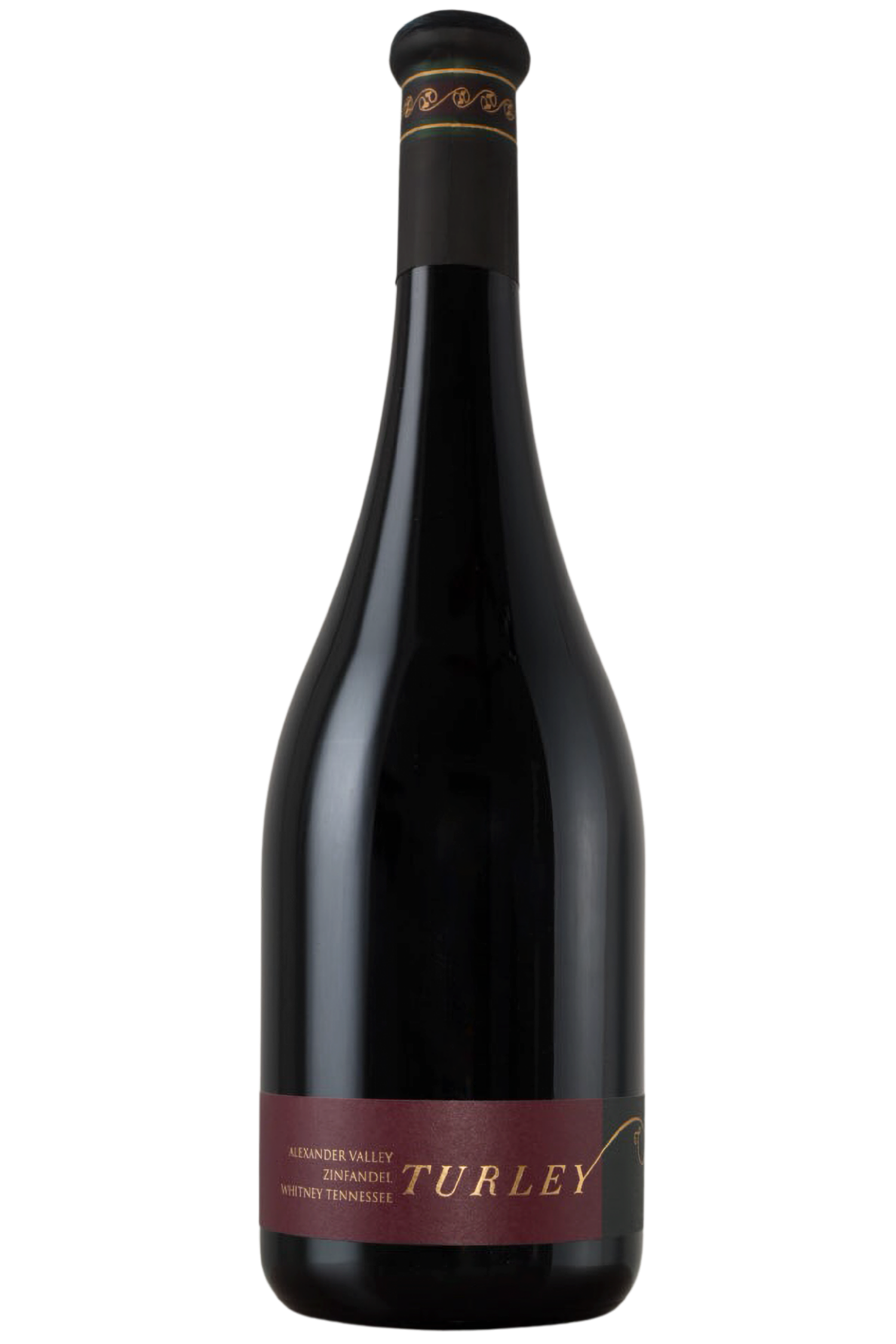 A dark glass wine bottle labeled Turley with maroon and gold accents, featuring "2016 Whitney Tennessee Zinfandel Alexander Valley" near the base, and a black foil capsule covering the cork.